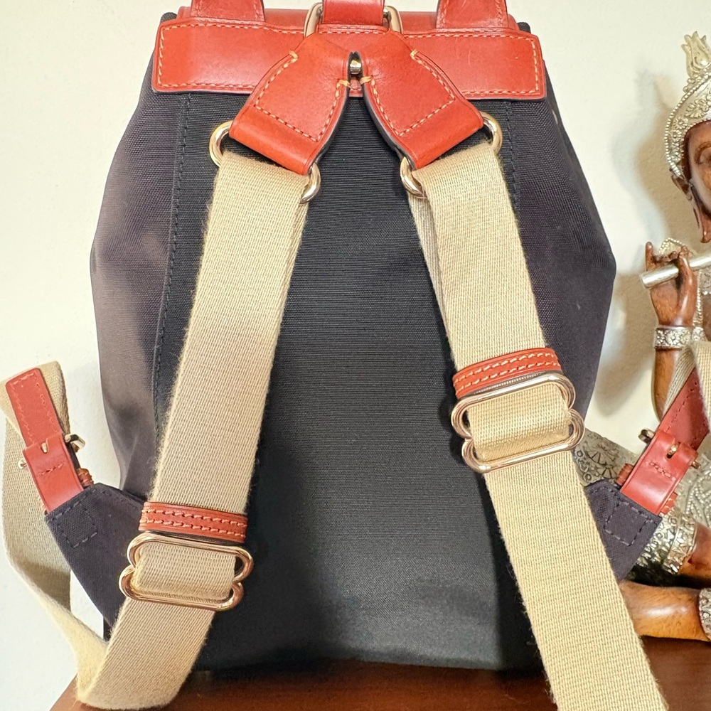 Dooney & Bourke Navy and Tan Leather Trim Drawstring Backpack - Picture 7 of 8